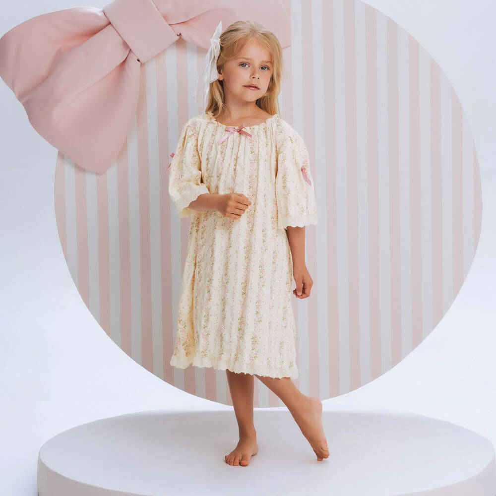 AMIKI Children-Girls Ivory Cotton Nightdress with Pink Floral Print | Childrensalon Outlet