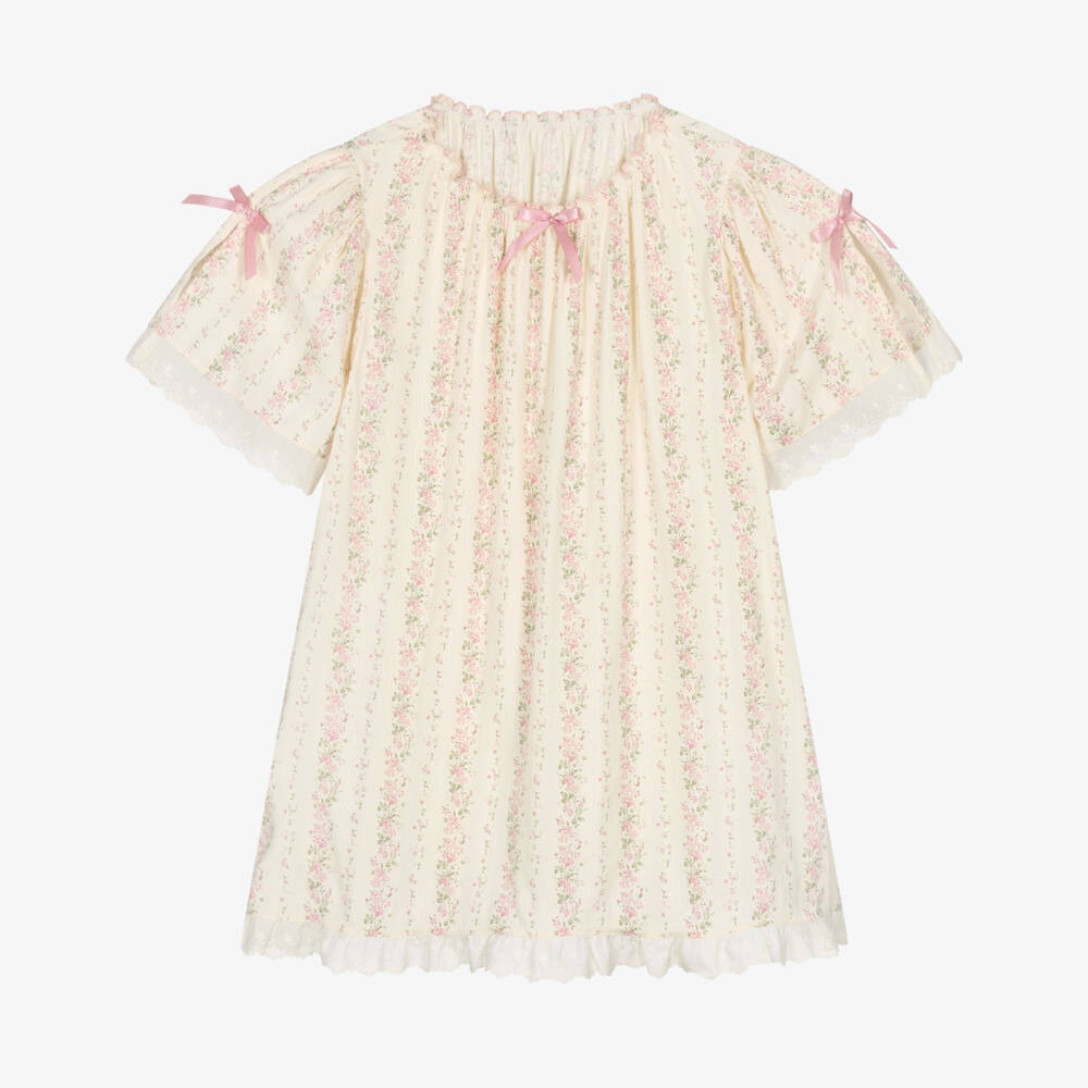 AMIKI Children-Girls Ivory Cotton Nightdress with Pink Floral Print | Childrensalon Outlet