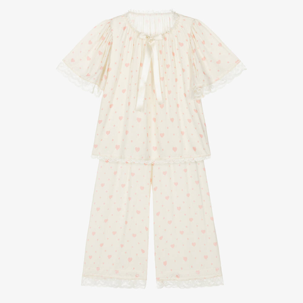 AMIKI Children-Girls Ivory & Pink Heart Print Pyjamas with Lace Trims | Childrensalon Outlet