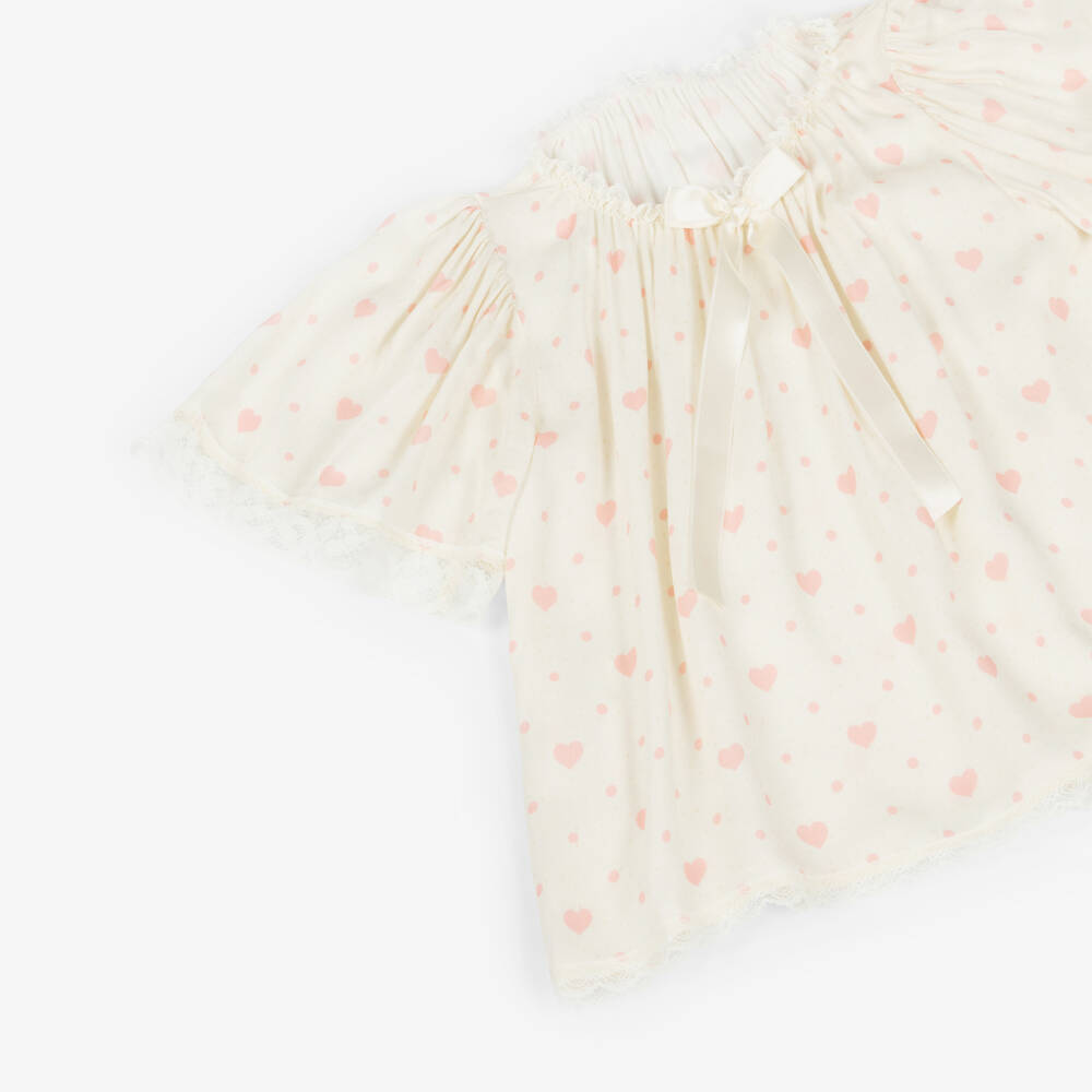 AMIKI Children-Girls Ivory & Pink Heart Print Pyjamas with Lace Trims | Childrensalon Outlet