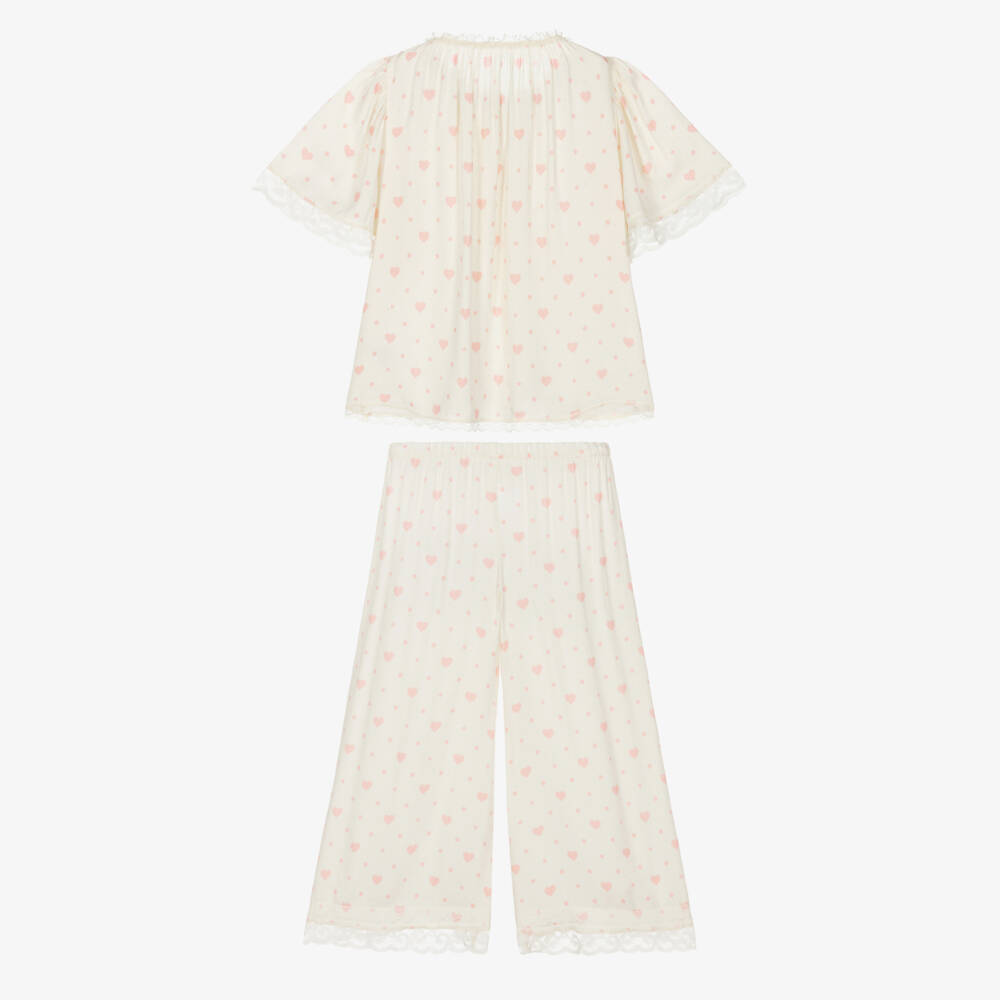 AMIKI Children-Girls Ivory & Pink Heart Print Pyjamas with Lace Trims | Childrensalon Outlet