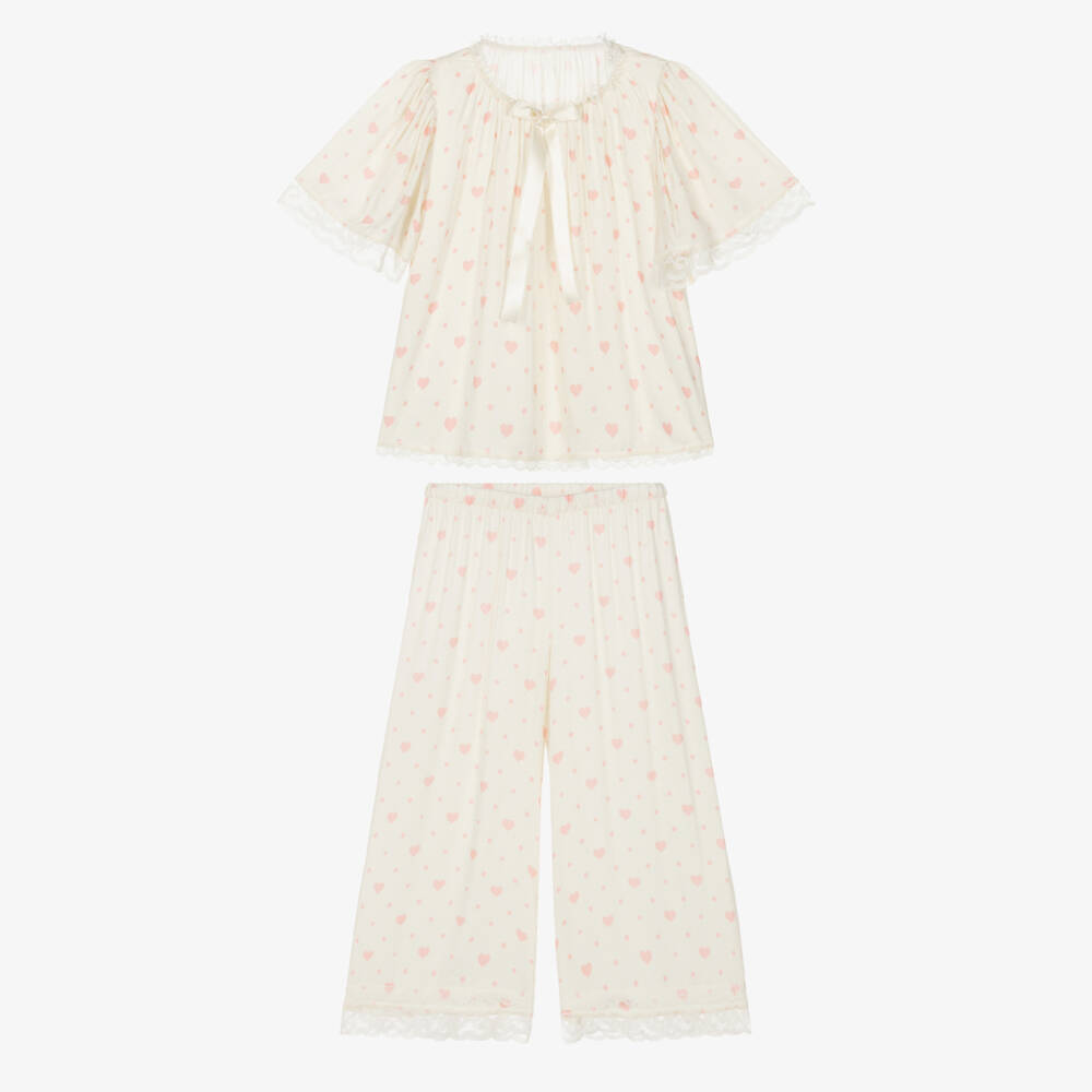 AMIKI Children-Girls Ivory & Pink Heart Print Pyjamas with Lace Trims | Childrensalon Outlet