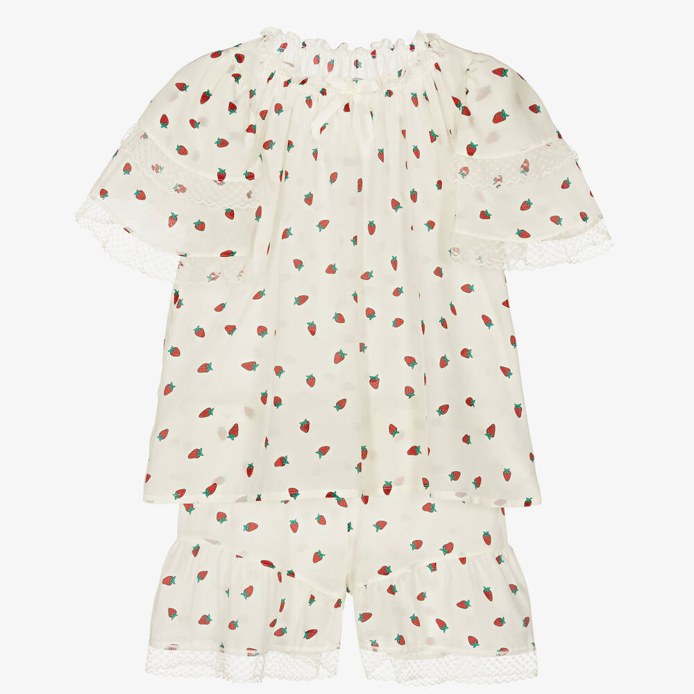 AMIKI Children-Girls Ivory Silk Strawberry Print Pyjamas | Childrensalon Outlet