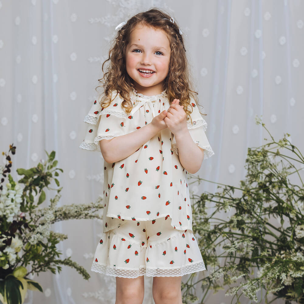 AMIKI Children-Girls Ivory Silk Strawberry Print Pyjamas | Childrensalon Outlet