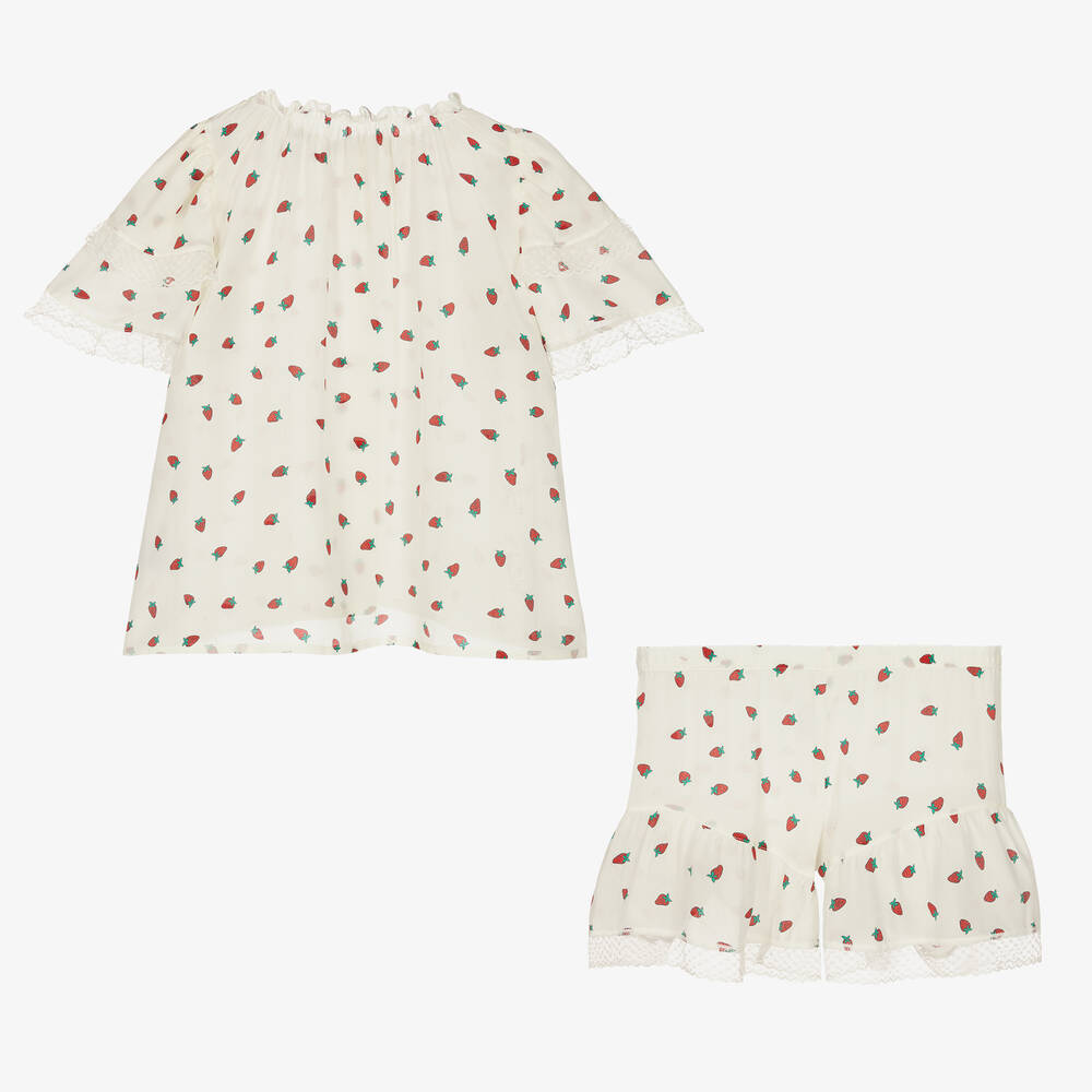 AMIKI Children-Girls Ivory Silk Strawberry Print Pyjamas | Childrensalon Outlet
