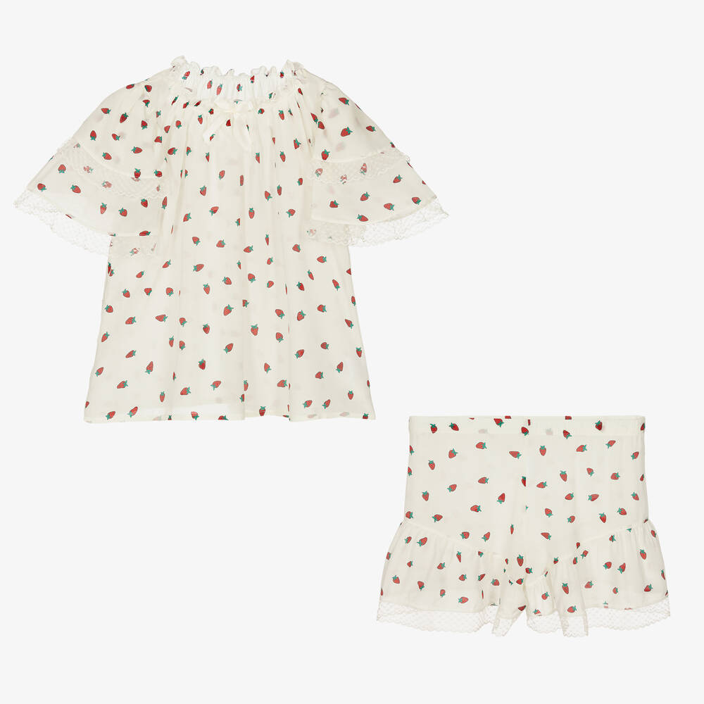 AMIKI Children-Girls Ivory Silk Strawberry Print Pyjamas | Childrensalon Outlet
