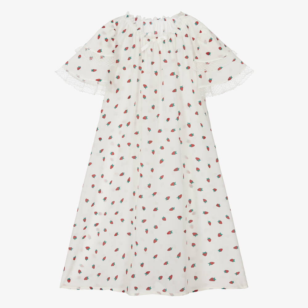 AMIKI Children - Girls Ivory Strawberry Print Silk Nightdress | Childrensalon