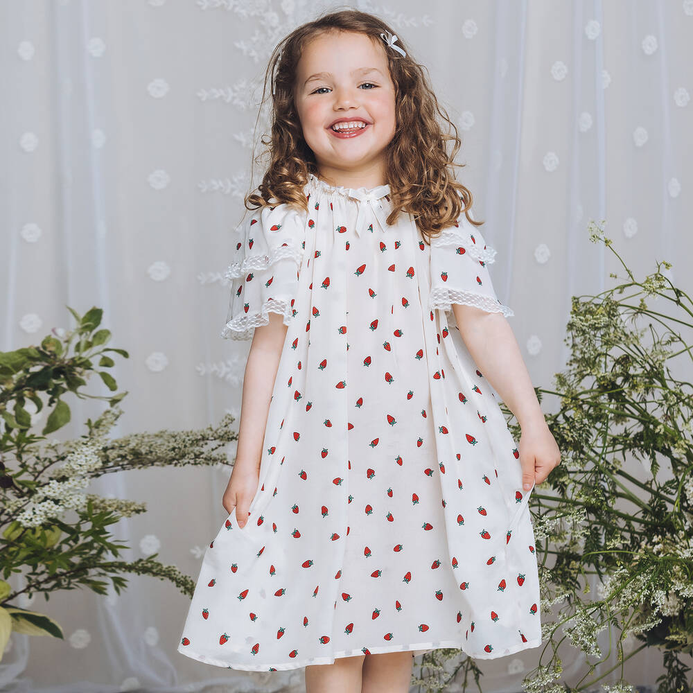 AMIKI Children-Girls Ivory Strawberry Print Silk Nightdress | Childrensalon Outlet