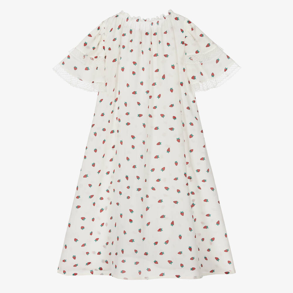 AMIKI Children-Girls Ivory Strawberry Print Silk Nightdress | Childrensalon Outlet