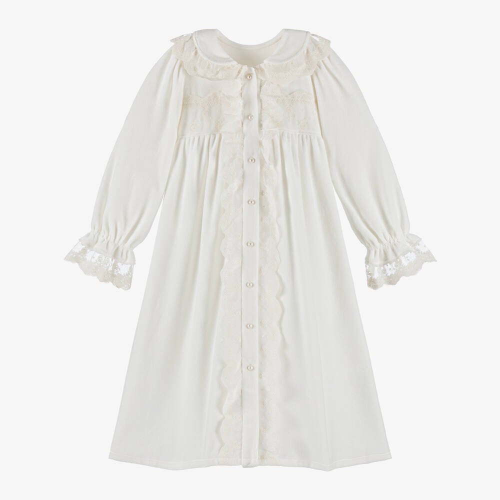 AMIKI Children-Girls Ivory Velour Dressing Gown with Lace Trims | Childrensalon Outlet