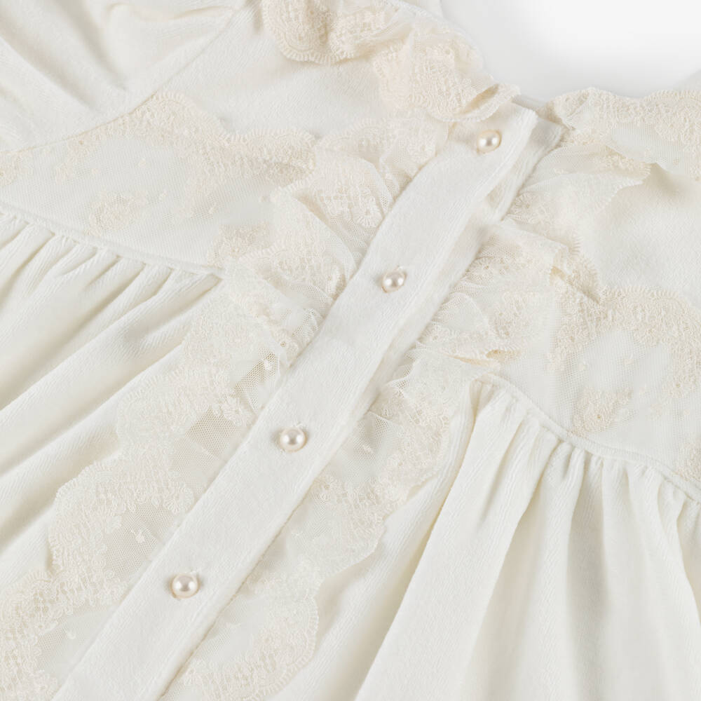 AMIKI Children-Girls Ivory Velour Dressing Gown with Lace Trims | Childrensalon Outlet