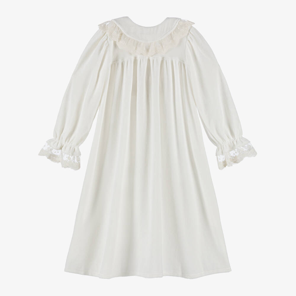 AMIKI Children-Girls Ivory Velour Dressing Gown with Lace Trims | Childrensalon Outlet