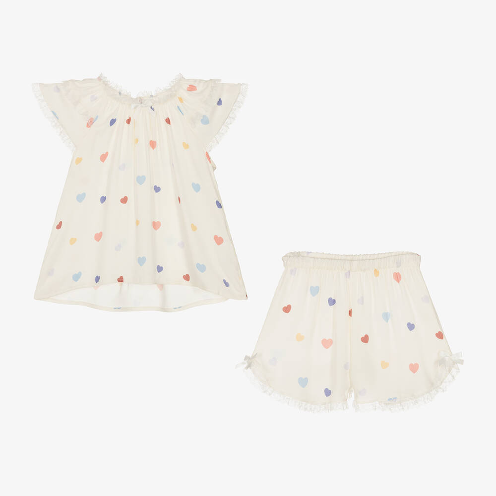 AMIKI Children-Girls Ivory Viscose Hearts Short Pyjamas | Childrensalon Outlet