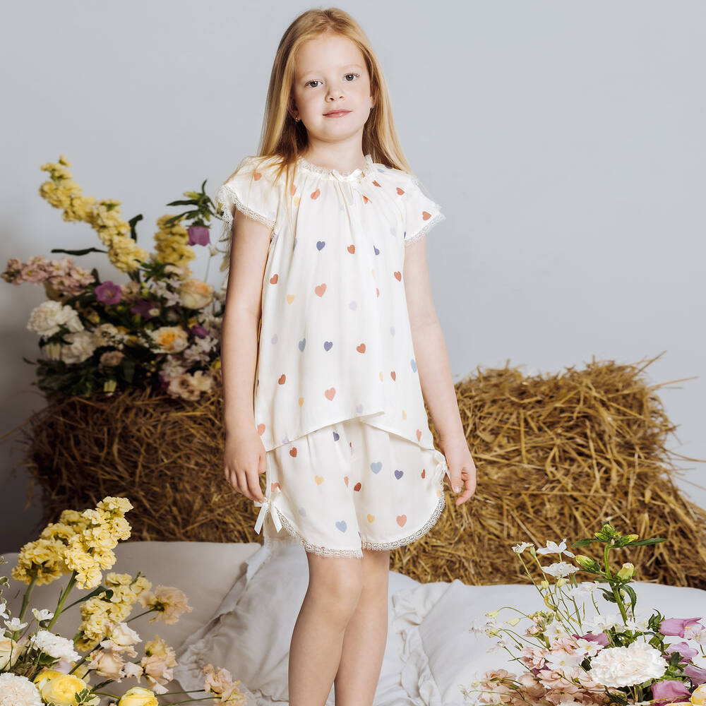 AMIKI Children-Girls Ivory Viscose Hearts Short Pyjamas | Childrensalon Outlet