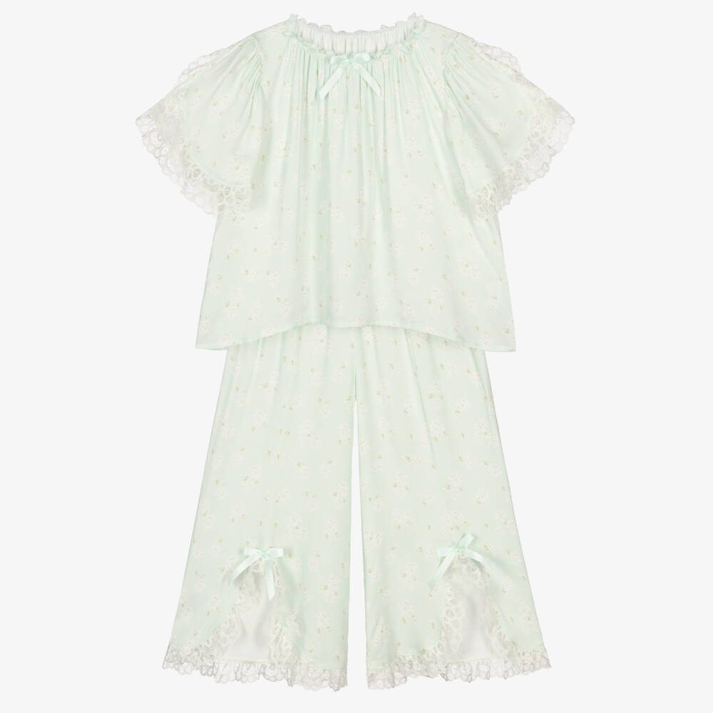 AMIKI Children-Girls Mint Green Floral Pyjamas with Lace Trims | Childrensalon Outlet