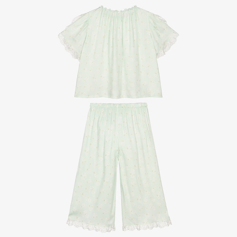 AMIKI Children-Girls Mint Green Floral Pyjamas with Lace Trims | Childrensalon Outlet