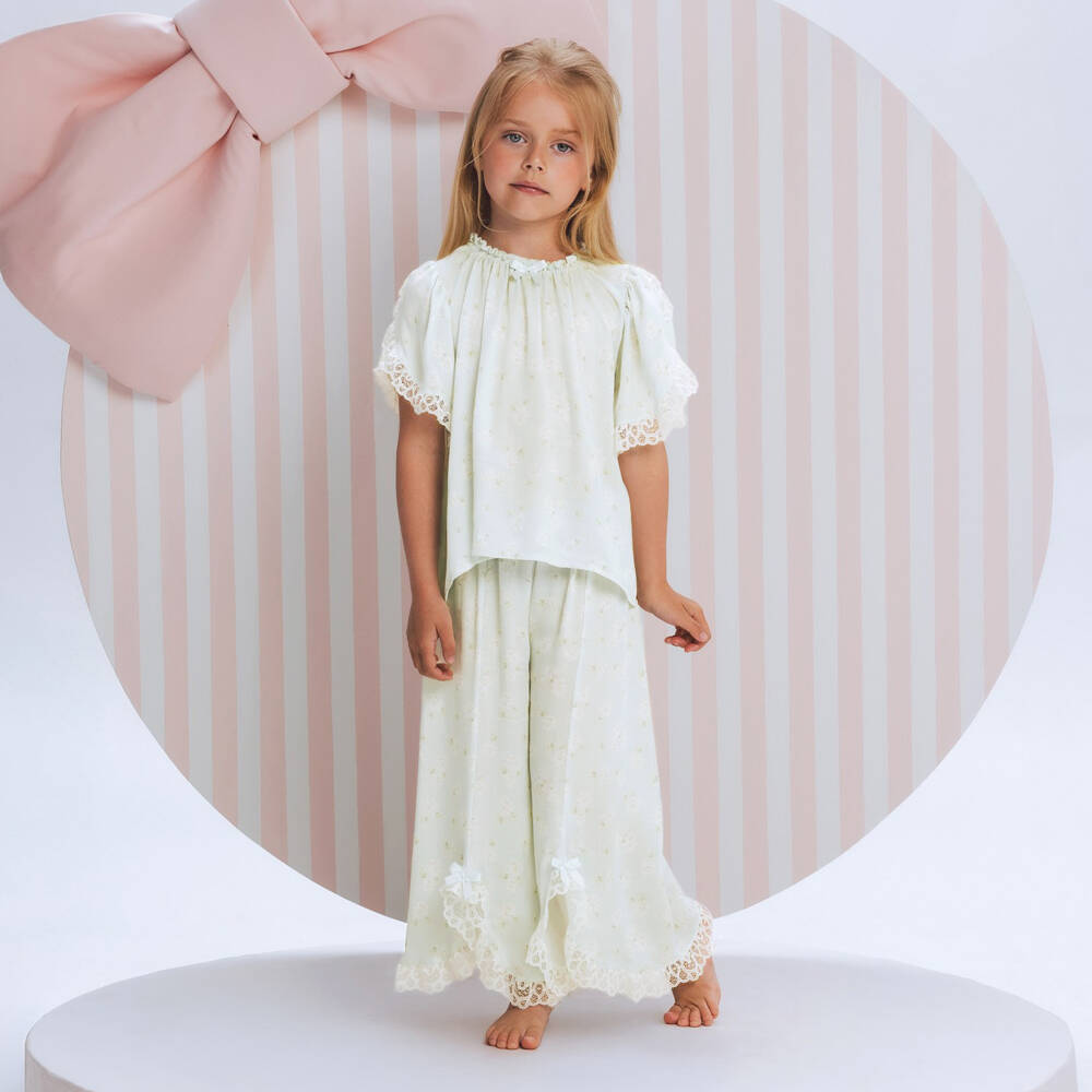 AMIKI Children-Girls Mint Green Floral Pyjamas with Lace Trims | Childrensalon Outlet