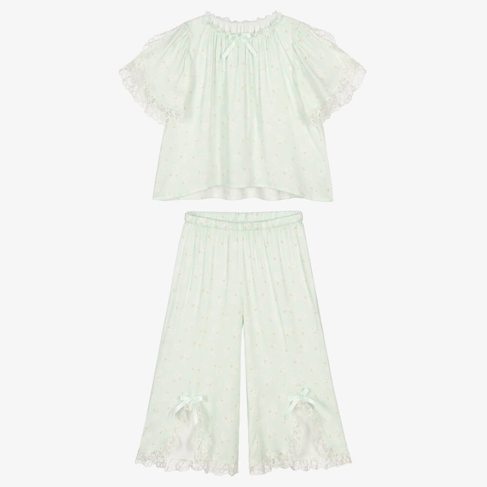AMIKI Children-Girls Mint Green Floral Pyjamas with Lace Trims | Childrensalon Outlet