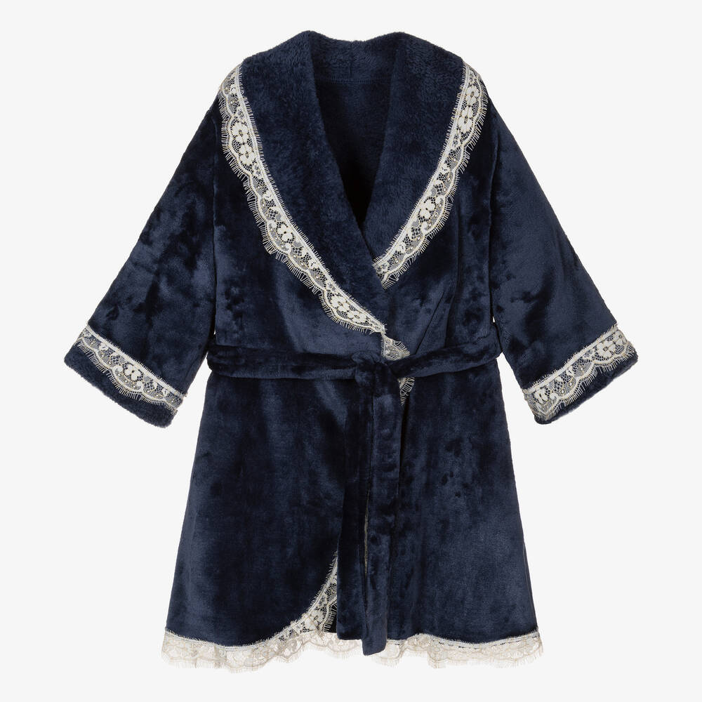 AMIKI Children - Girls Navy Blue Lace Dressing Gown | Childrensalon