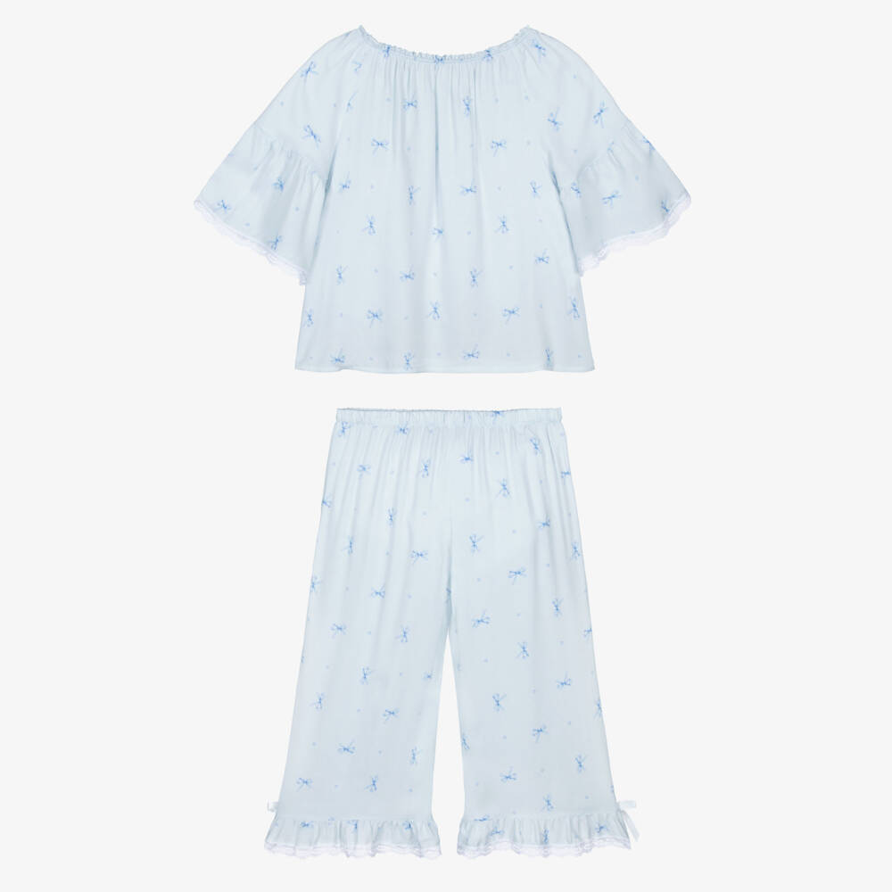AMIKI Children-Girls Pale Blue Bow Print Pyjamas with Lace Trims | Childrensalon Outlet