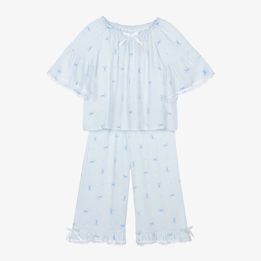 AMIKI Children-Girls Pale Blue Bow Print Pyjamas with Lace Trims | Childrensalon Outlet