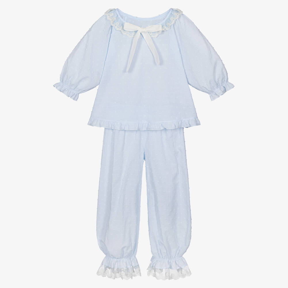 AMIKI Children-Girls Pale Blue Plumeti Cotton & Lace Pyjamas | Childrensalon Outlet