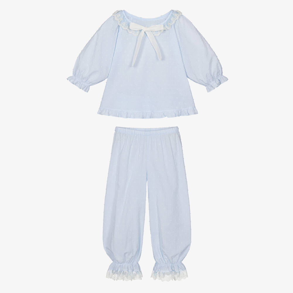 AMIKI Children-Girls Pale Blue Plumeti Cotton & Lace Pyjamas | Childrensalon Outlet