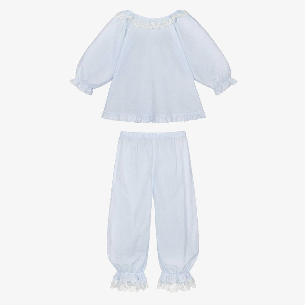 AMIKI Children-Girls Pale Blue Plumeti Cotton & Lace Pyjamas | Childrensalon Outlet
