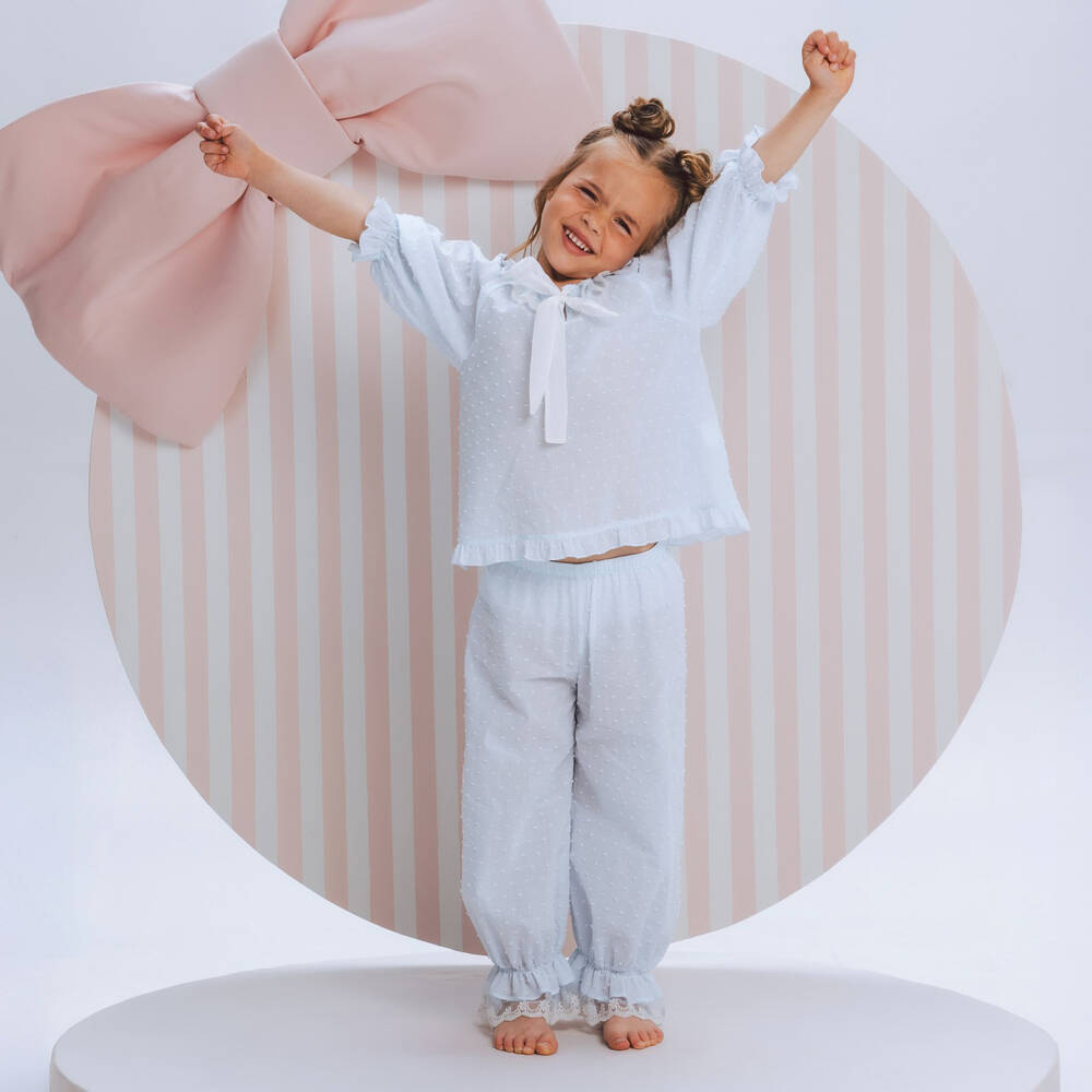 AMIKI Children-Girls Pale Blue Plumeti Cotton & Lace Pyjamas | Childrensalon Outlet