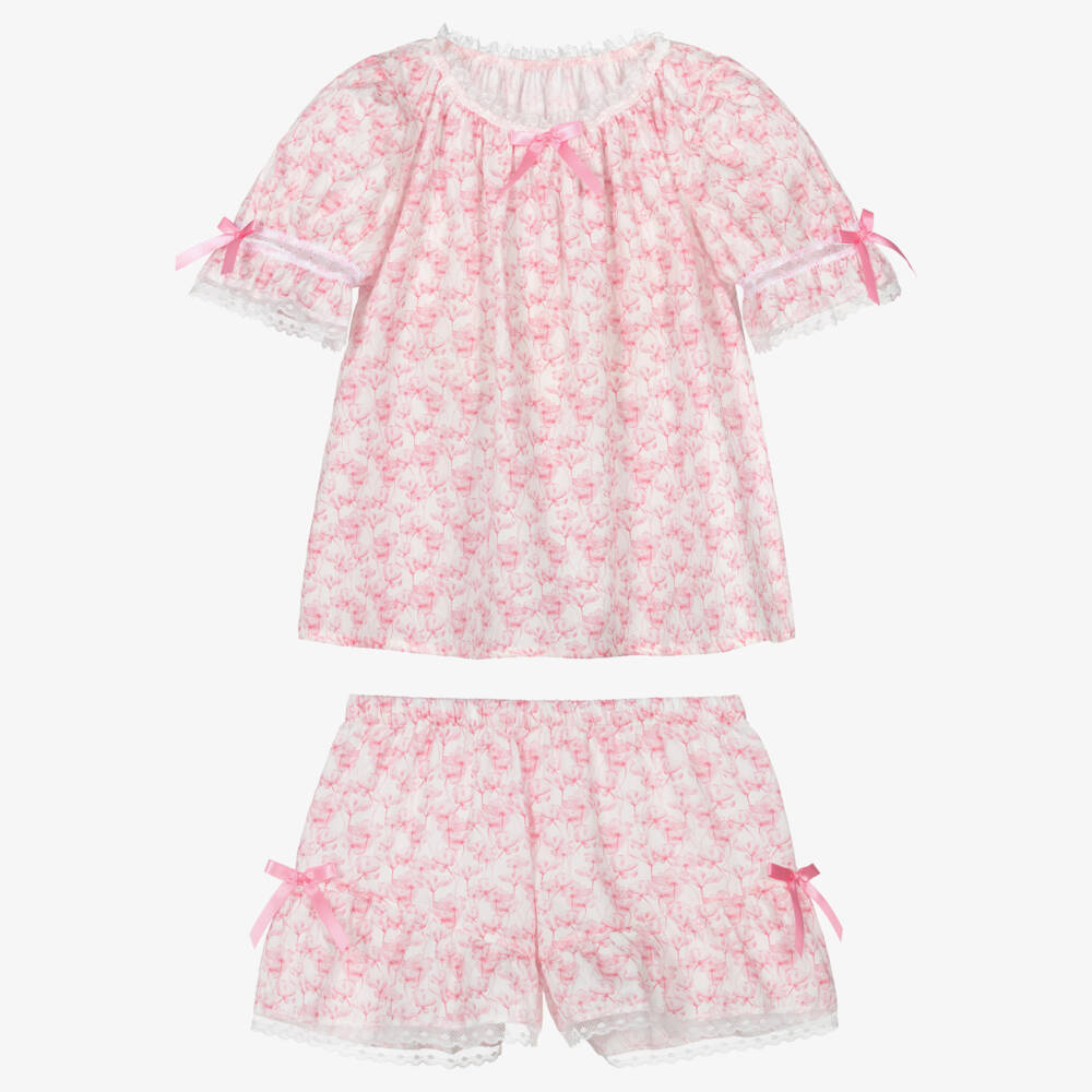 AMIKI Children-Girls Pink Cotton Floral Short Pyjamas with Lace Trims | Childrensalon Outlet