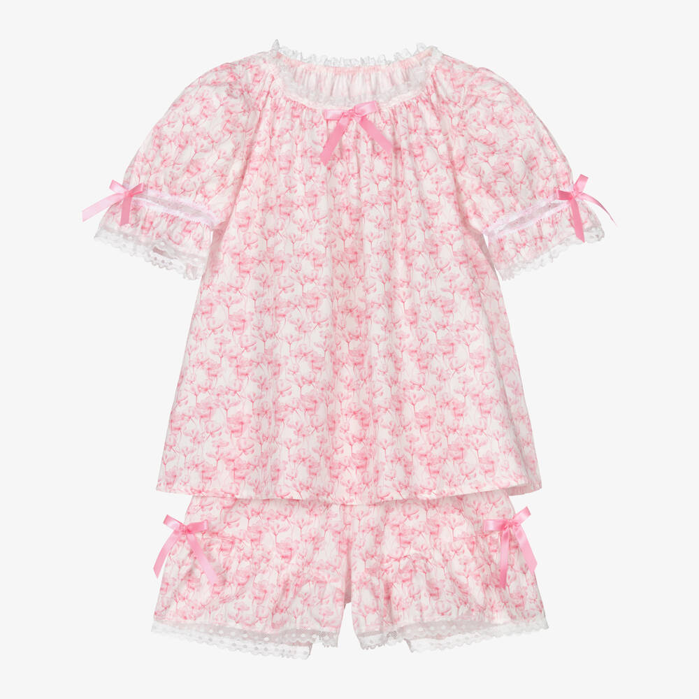 AMIKI Children-Girls Pink Cotton Floral Short Pyjamas with Lace Trims | Childrensalon Outlet