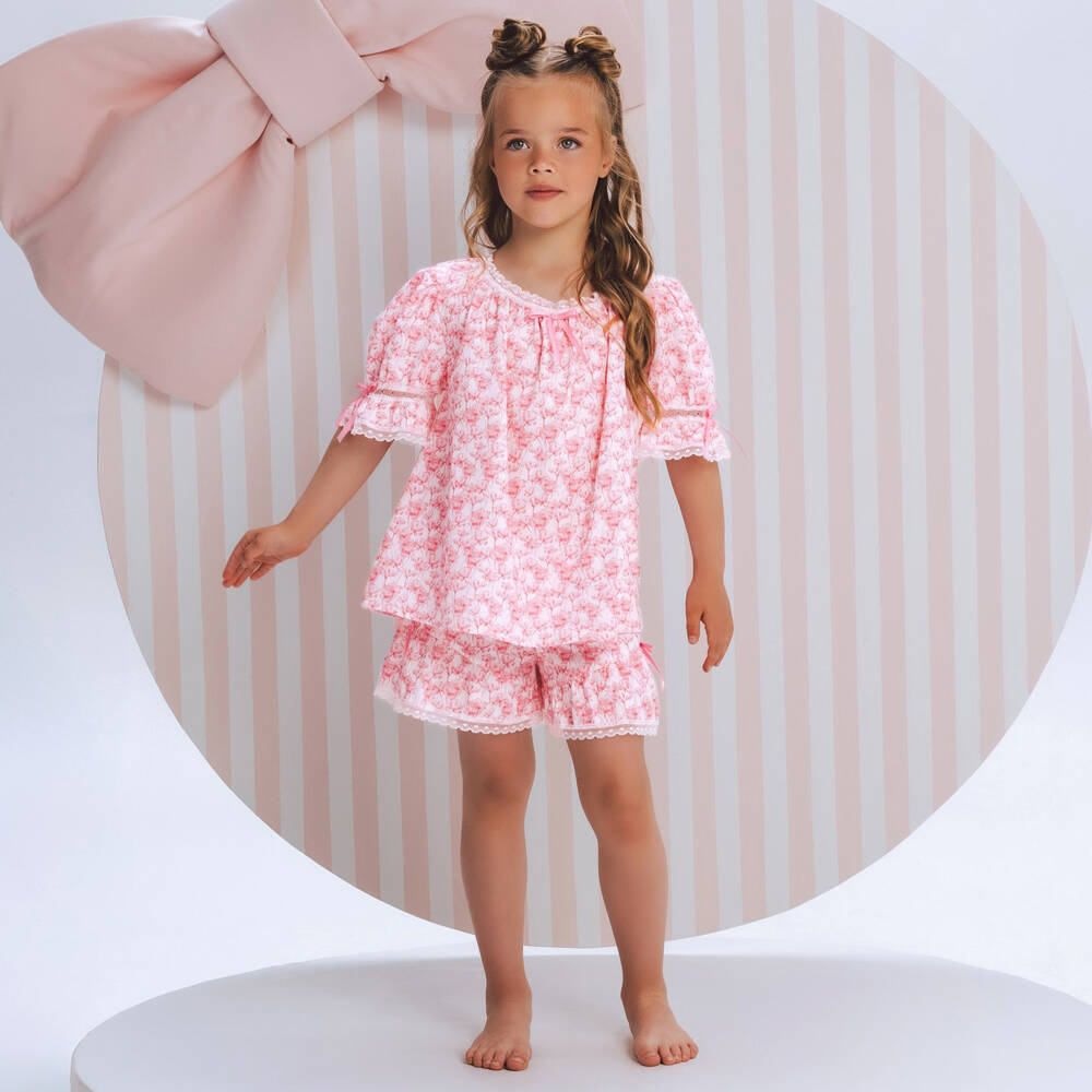 AMIKI Children-Girls Pink Cotton Floral Short Pyjamas with Lace Trims | Childrensalon Outlet