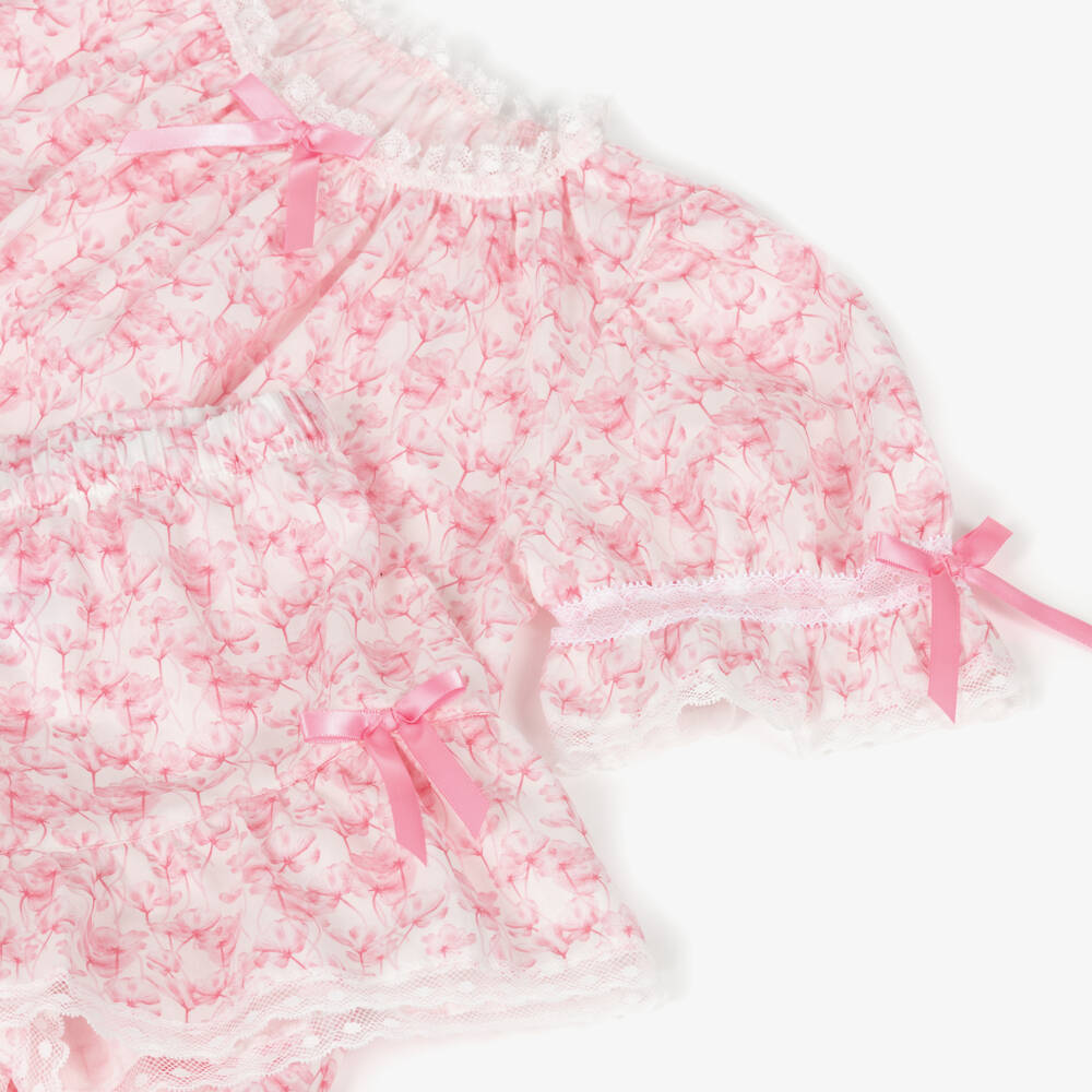 AMIKI Children-Girls Pink Cotton Floral Short Pyjamas with Lace Trims | Childrensalon Outlet