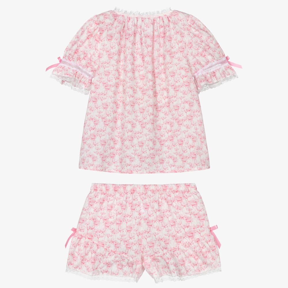 AMIKI Children-Girls Pink Cotton Floral Short Pyjamas with Lace Trims | Childrensalon Outlet