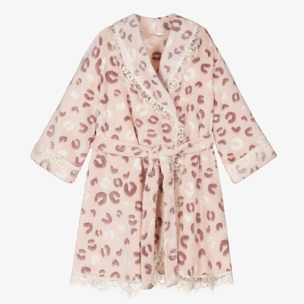 AMIKI Children - Розовый халат с леопардовым принтом и кружевом | Childrensalon