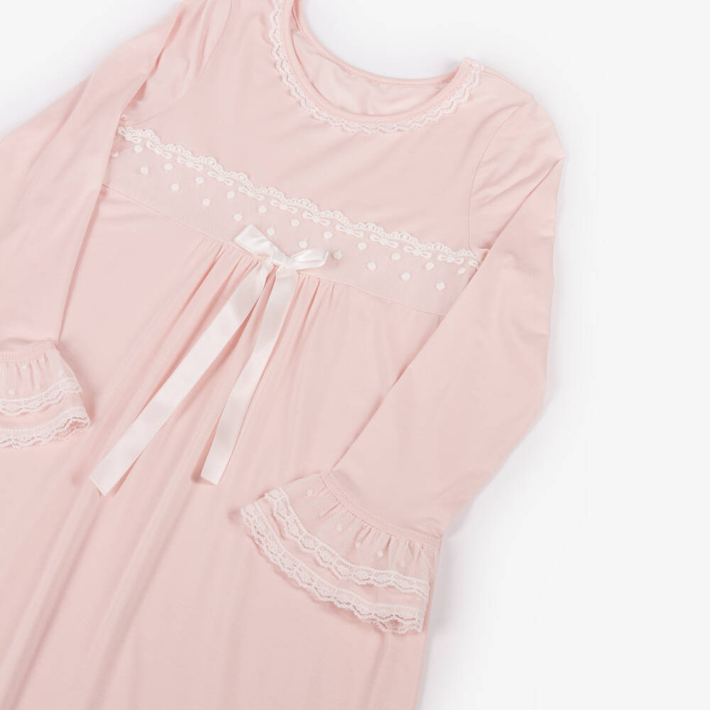 AMIKI Children-Girls Pink Micromodal Jersey Nightdress with Lace Trims | Childrensalon Outlet