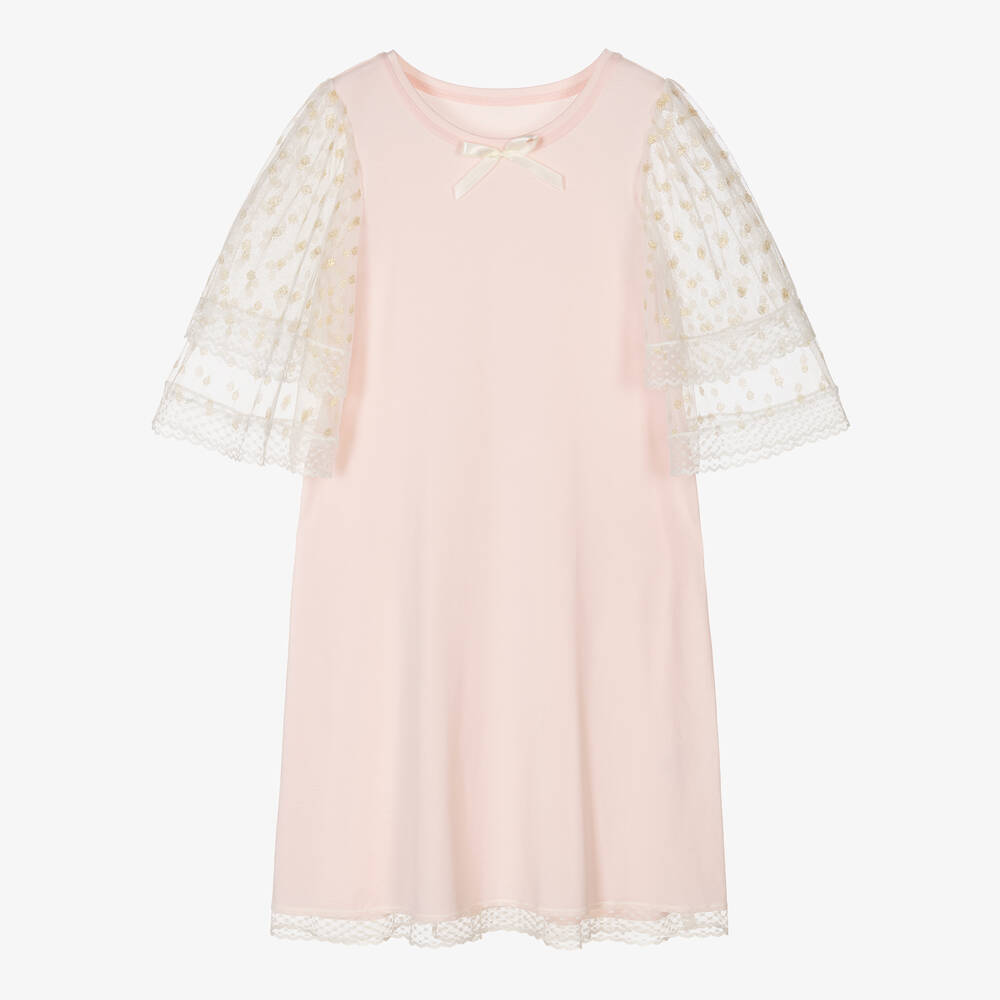 AMIKI Children - Розовая ночная рубашка из модала и джерси с кружевом | Childrensalon