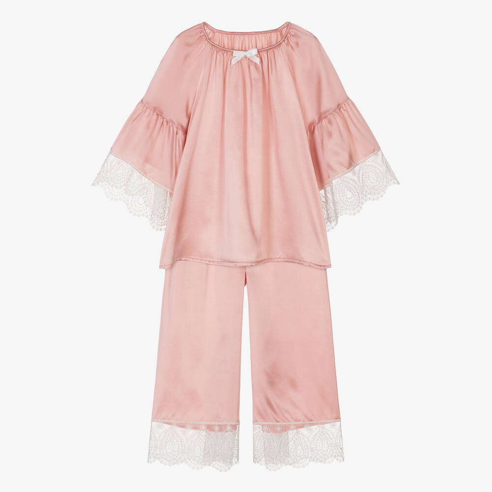 AMIKI Children - Girls Pink Silk & Lace Pyjamas | Childrensalon