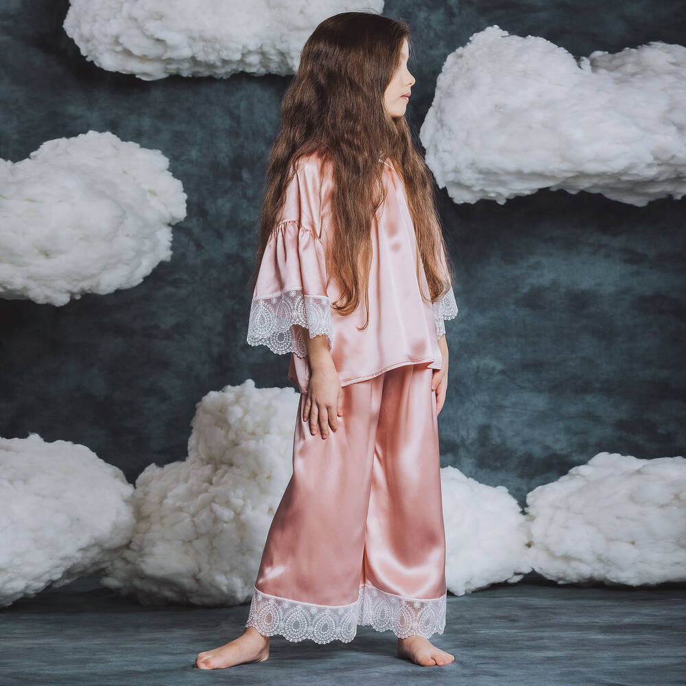 اميكي تشلدرن-بيجاما حرير ساتان ودانتيل لون زهري للبنات | Childrensalon Outlet