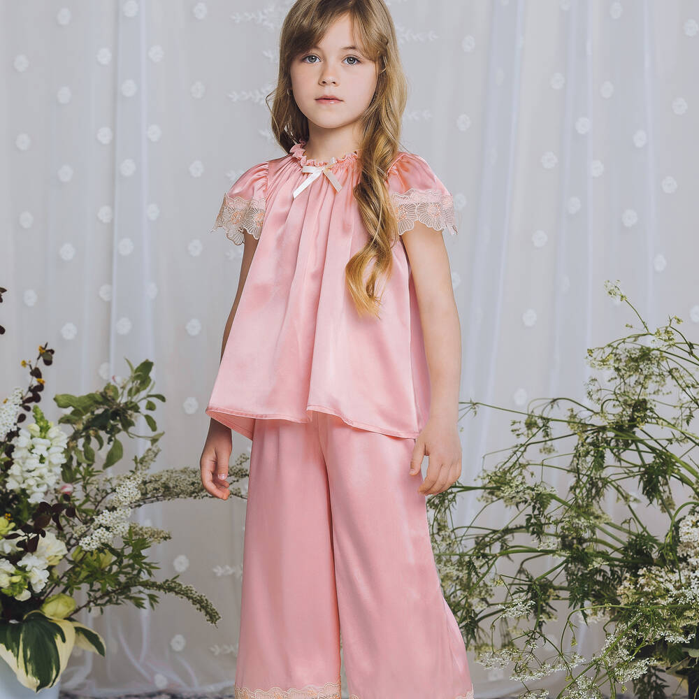 AMIKI Children Girls Pink Silk Satin Pyjamas Childrensalon Outlet