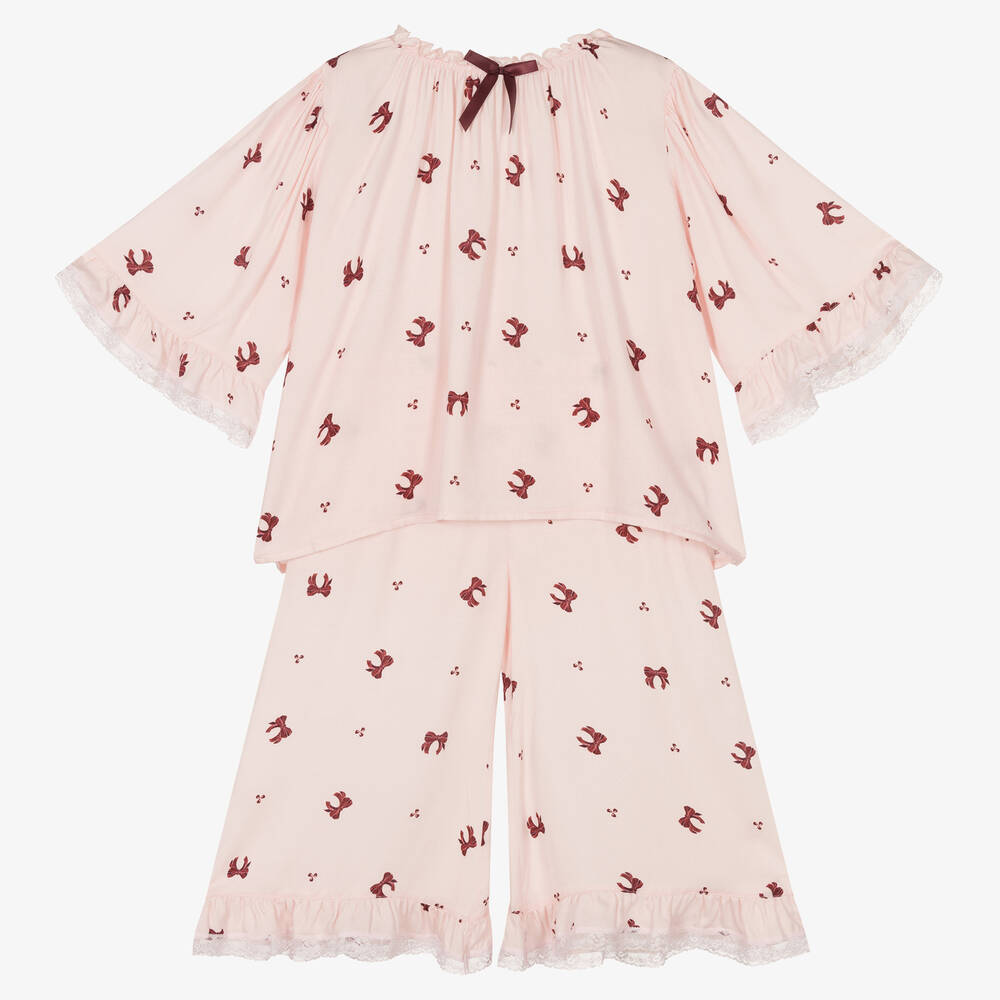 AMIKI Children - Розовая пижама из вискозы с бантиками для девочек | Childrensalon