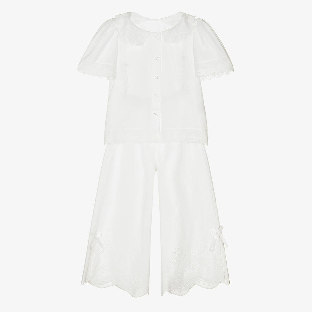 AMIKI Children - Белая хлопковая пижама с вышивкой английской гладью | Childrensalon