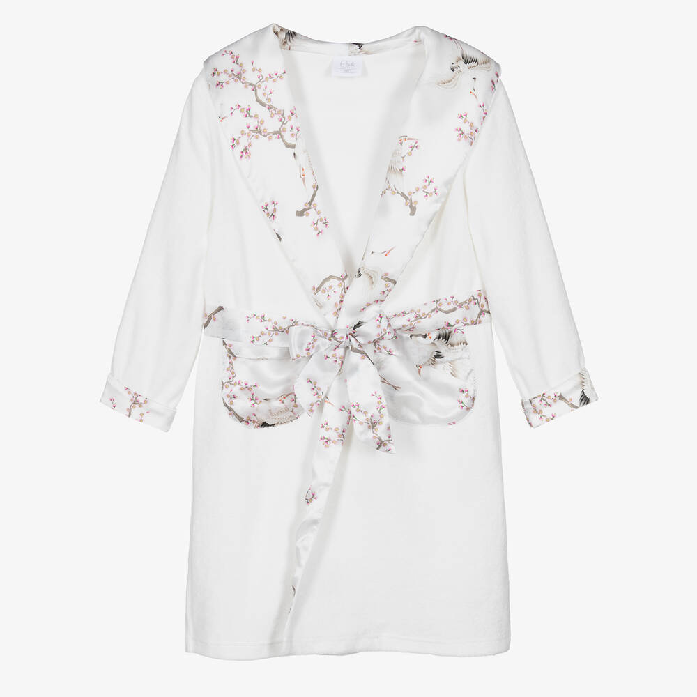 AMIKI Children - Girls White Cotton & Silk Cranes Dressing Gown | Childrensalon