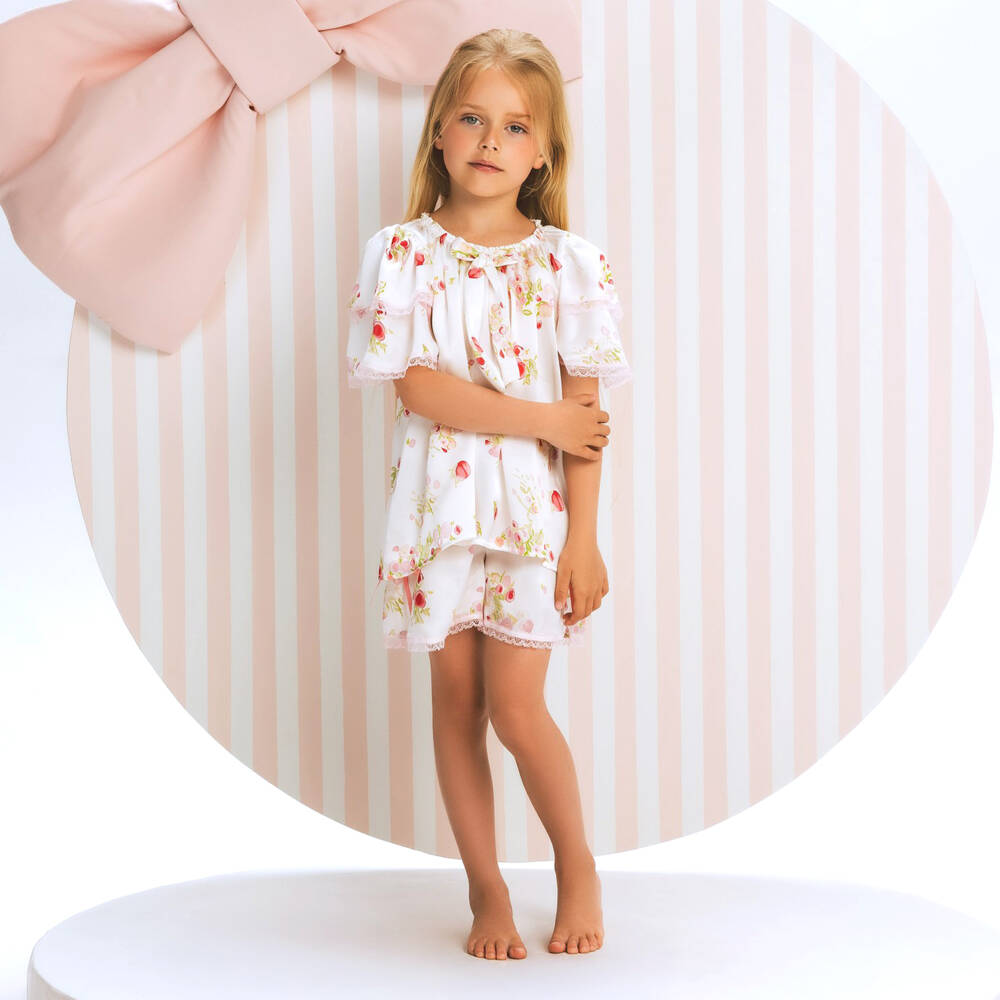 AMIKI Children-Girls White & Pink Floral Silk Short Pyjamas | Childrensalon Outlet