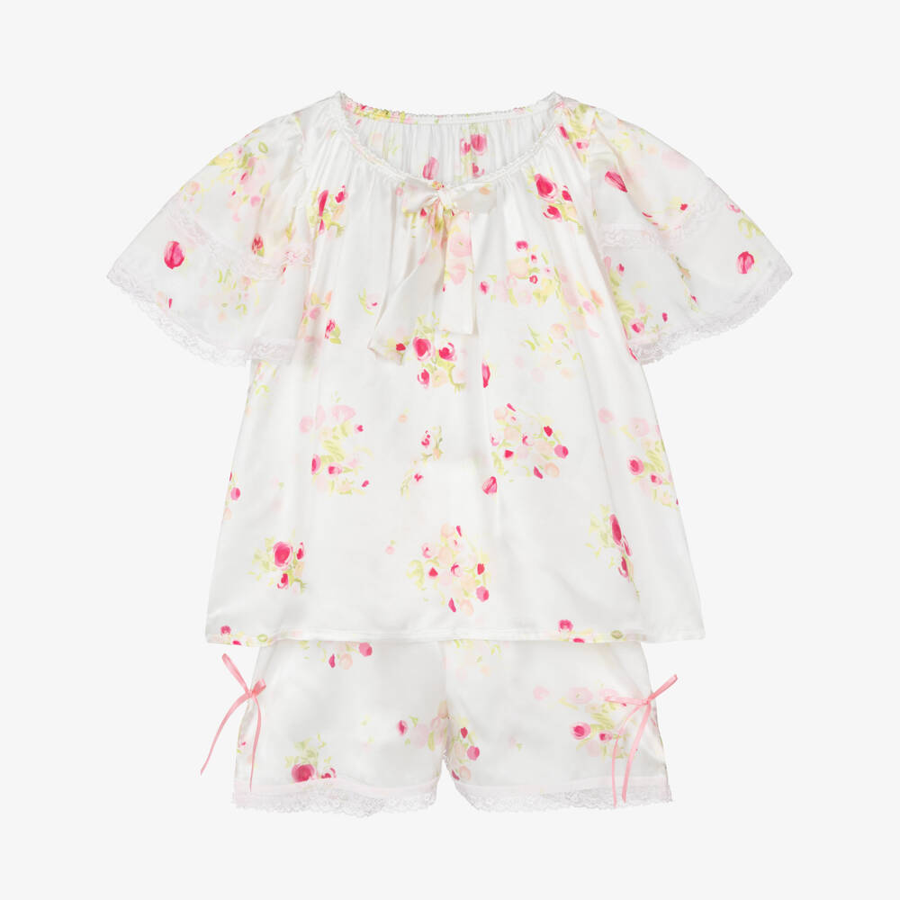 AMIKI Children-Girls White & Pink Floral Silk Short Pyjamas | Childrensalon Outlet