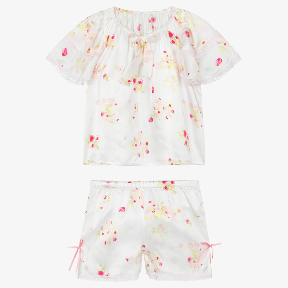AMIKI Children-Girls White & Pink Floral Silk Short Pyjamas | Childrensalon Outlet