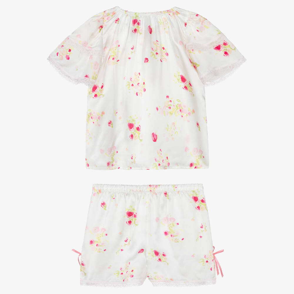 AMIKI Children-Girls White & Pink Floral Silk Short Pyjamas | Childrensalon Outlet