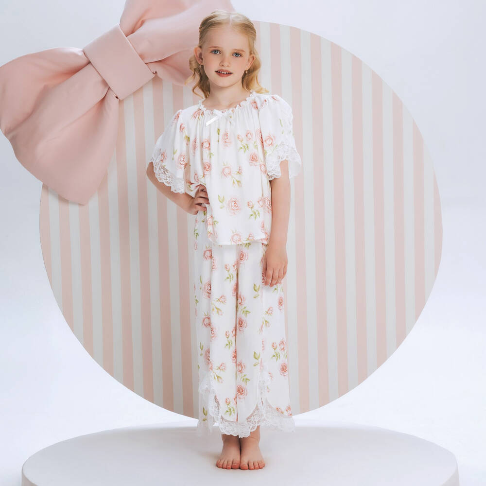 AMIKI Children-Girls White & Pink Rose Print Pyjamas with Lace Trims | Childrensalon Outlet