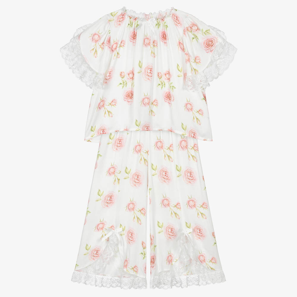 AMIKI Children-Girls White & Pink Rose Print Pyjamas with Lace Trims | Childrensalon Outlet