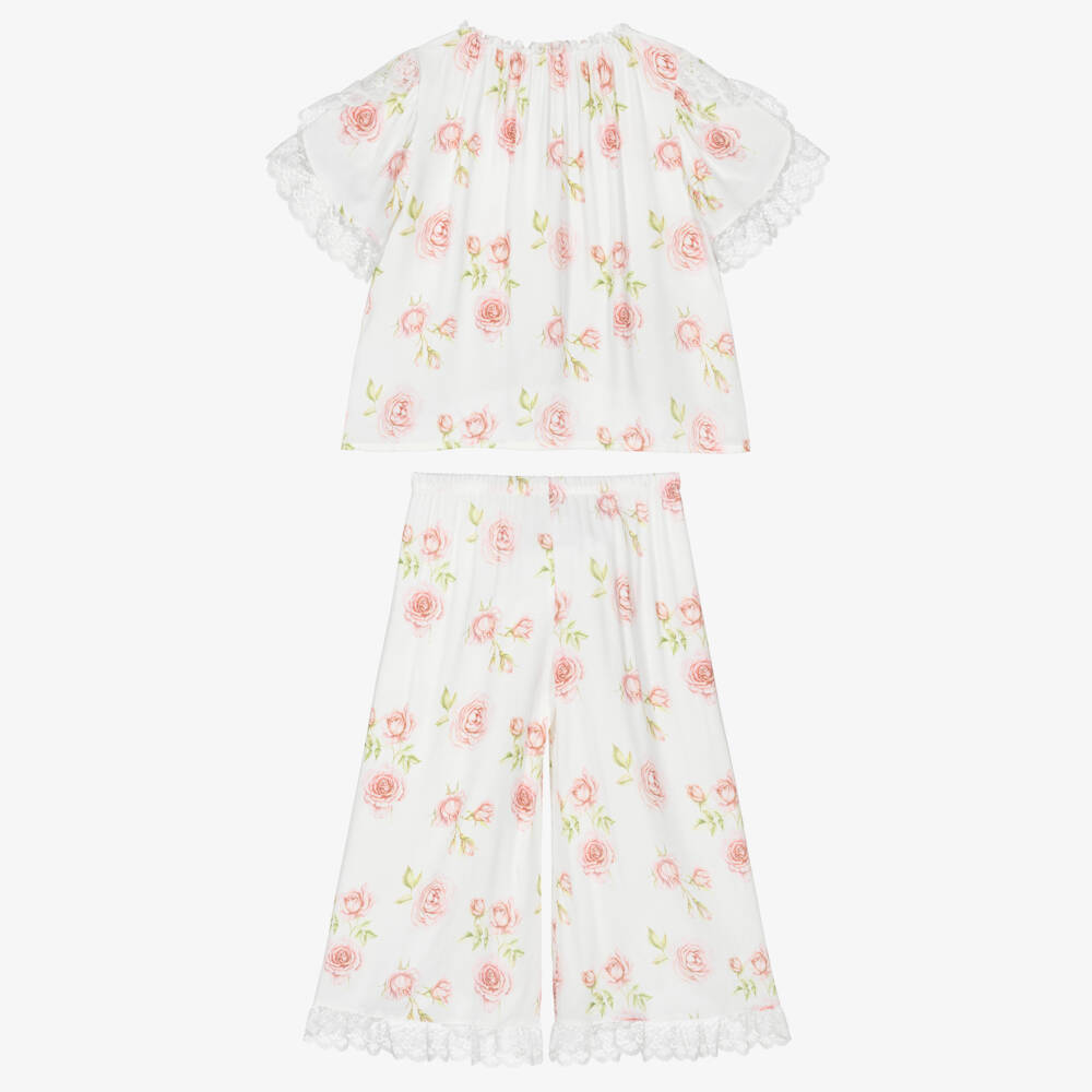AMIKI Children-Girls White & Pink Rose Print Pyjamas with Lace Trims | Childrensalon Outlet